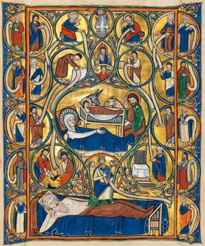 tree of Jesse with elaborate typological juxtaposition centering around a Nativity scene. 1: Jesse, naked, lying on his side on a bed (pillow, blanket) supporting his head with his right hand, eyes closed. 2: from the loins of Jesse appears David, as prophet and psalmist, sitting in front view, playing the harp which he holds with his right in front of his chest, holding a scroll with his left to his side. 3: to the left of David: Moses taking his shoe off in front of the burning bush in which God appears as Christ, making a speaking gesture with his left hand in front of his chest and holding a scroll with his right hand sidewards. 4: to the right of David: Aaron, dressed as a bishop, next to an altar upon which the rods of the twelve tribes are standing; Aaron's rod is flowering; Aaron is holding a scroll with his left hand forward. 5: in the centre of the miniature: the Nativity with Mary reclining, her head resting against a pillow; she is covered by a blanket and stretches her right hand forward; the Christ-child in the manger behind her bed; Joseph sitting at her feet, his left hand forward, his right hand raised with the palm in front view; ox and ass at the manger. 6: Gideon, bowing forward, picks up the fleece with his left hand forward, holding a scroll in his right hand, also held forward. 7: Daniel, his right hand raised with the palm forward, and a scroll in his forward held left hand, is standing next to the stone that moved without human interference (Nebuchadnezzar's dream). 8. St. Peter - above Gideon - and St. Paul - above Daniel - both seated on a bench; Peter is holding a scroll with his left hand down, and makes a gesture of speech with his right hand forward; Paul holds a scroll with his left in front of his chest, while making a speaking gesture with his right hand raised. 9. The Father - in the shape of a head - and the Holy Ghost - in the shape of seven descending doves (seven gifts of the Holy Ghost). 10. The Son making a blessing gesture with his right hand raised and holding a crozier in his left. 11. Ecclesia holding both arms sidewards, a host in the right hand between thumb and index finger, and a chalice in the left: 'elevatio'. 12. The twelve major and four minor prophets (not individually identifiable) all holding a scroll with a hand raised, held sidewards, forward, in front of the chest or downwards; some have covered the other hand; held down in a pointing gesture, raised and holding the other end of the scroll, touching the beard, raised and holding the decorative frame of the miniature, held in front of the chest with the palm in front view, in front of the chest in a speaking gesture. Frame of geometrical and abstracted floral ornament.