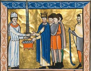 Doeg, dressed as a bishop, both hands forward, gives David Goliath's sword with his right and five pieces of hallowed bread in a basket with his left; David, wearing a crown, accepts the sword with his right hand stretched forward, with the palm in front view and takes the basket with his left hand forward; four of his men behind David, in short tunics; at the far right: Doeg, in short tunic and hooded cape, holding a shepherd's crook with his right hand forward.