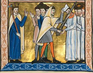 Saul, crowned, standing to the left, holding a sceptre with his right hand downwards, raising his left in a gesture of speech; a small group of servants in front of him, refusing to kill Ahimelech and his family; Doeg, wearing a hooded cape and short tunic, grabs Ahimelech's mitre with his left hand forward and cuts off his head with the sword he holds forward with his right hand; Ahimelech, behind whom a group of priests is standing, holds both hands forward, the left with the palm upwards.