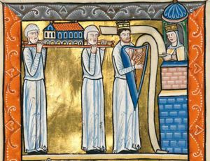 David is playing his harp while he walks in front of the ark, which is carried on the shoulders by two priests; David also holds a scroll with his left hand slightly forward; Michal is looking at him from the window of a tower, holding a scroll with her left hand forward; both Michal and David wear a crown.