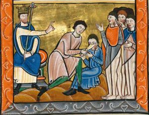 king Hanun is seated on a bench to the left, seen in front view, holding a sceptre with his left hand down on his knee, stretching his right hand across his chest to his left in a gesture of command; one of his servants is squatting in front of one of David's messengers, holding a dagger with his right hand forward, cutting away half the beard of the messenger, who holds both hands slightly forward with the palms towards each other; a small group of messengers behind him with half their beards cut away and their clothes cut off just above their backside; one of them holds his right hand in front of his abdomen; another one raises his right hand with the palm in front view.