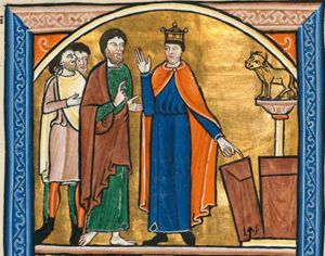 king Jeroboam, wearing a crown, stretches his left hand down, pointing at the altar which is split open; the king raises his right hand with the palm in front view; the 'man of God' from Judah facing him, holds his left hand forward with the palm in front view and his right hand in front of his chest in a gesture of speech; two men in short tunics stand behind the prophet, the foremost of which holds his right hand in front of his chest; behind the altar a pillar with the golden calf of Bethel.