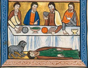 behind a laid, rectangular table, the old prophet of Bethel and the 'man of God' from Judah are seated; the old prophet holds his right in front of him in a speaking gesture; the 'man of God' at his left, holds a cup with his right hand raised and stretches his left hand forward touching a bread-roll(?); at either side of the table a son of the old prophet; the one on the left brings a piece of food to his mouth with his left and touches a bread-roll(?) with his forward stretched right hand; the other son holds his left hand in front of his chest and stretches his right hand forward, across the table; on the table, besides the bread-rolls(?): a dish with a fish, loaves of bread and a cup.