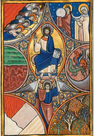 the creation worships God (1): 'laudate eum omnes angeli eius laudate eum omnes virtutes eius': four flying angels in heaven stretch their right hand forward, holding a scroll; one is also stretching his left hand forward with the palm upward.