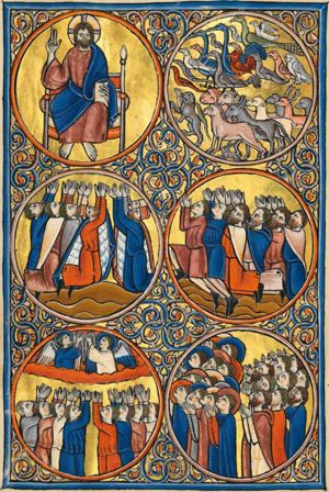 the creation worships God (8): God represented frontally as Christ enthroned, raising his right hand with palm frontal in a blessing gesture, holding a book on his left knee with his left arm forward.