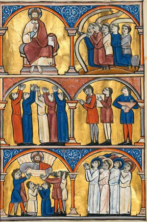 the creation worships God (13): God represented frontally as Christ enthroned, his right hand in front of his chest with the palm in front view, making a blessing gesture; holding a book with his left hand sideways; architectural setting.