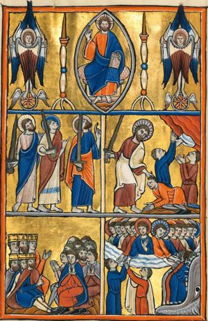 the creation worships God (19): Christ in mandorla, seated on a throne, raising his right hand in blessing; his left hand, to his side, holds a book; on either side of the mandorla: a candlestick and a Cherub with arms sidewards in 'orans' posture, palms of the hands in front view.