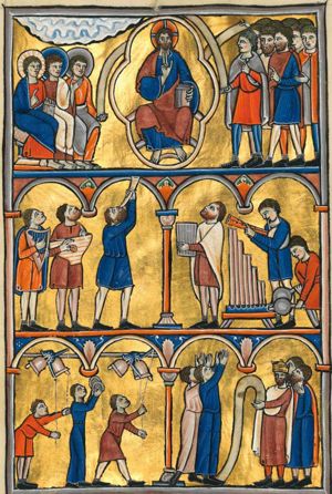 the creation worships God (23): 'laudate Dominum in sanctis eius': God in `Majestas Domini' variant, in a mandorla, seated on a rainbow, holding a book with his left hand on his knee and making a blessing gesture with his right hand in front of his chest; on his right: three saints, seated on a bench; one with his right hand in front of his chest in a gesture of speech, resting his left hand on a book; the second one raising his left hand with the palm in front view, the third with his left hand down on his knee, holding a scroll; clouds above their heads; to God's left: a group of men in short tunics; three of them with their left in front of their chest, two of whom make a speaking gesture; one holds a scroll with his right hand downward; one holds a scroll in his raised right hand.