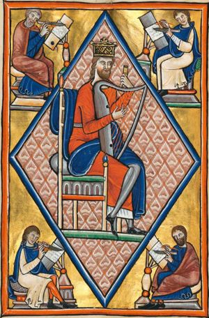 In a rhomboid frame David is sitting on a throne with his left leg crossed over his right, seen in three-quarter view; he wears a crown and is tuning his harp; in the four corners of the miniature four scribes are seated on a stool, holding a pen-knife in the left hand and writing on a piece of parchment on a lectern with the quill in their right hand.