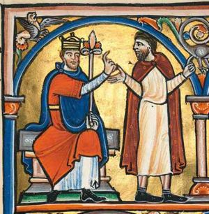 David, wearing a crown and holding a sceptre with his left hand resting on his knee, is sitting on a throne, crossing his right arm over his chest to his left in a gesture of speech directed at Joab, who is on his way to the left, turns his head back to his right and holds both arms sideways, the palm of the left turned up and making a speaking or pointing gesture with the left; architectural setting.