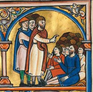 Joab, stretching his right hand forward in a pointing gesture, is followed by three men, one of whom, wearing a cap, is also holding his right arm forward, behind Joab's back; they face a group of people seated on the ground; two of these rest their left hand on their leg and hold their right hand forward with the palm turned up; architectural setting.