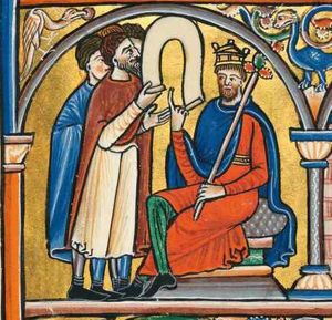 Joab, followed by two assistants, stands before king David - crown and sceptre - seated on his throne with his legs crossed; he holds his left hand forward with the palm in front view, and in his right hand he holds a scroll; David raises his right hand with the index finger upward in a beckoning or speaking(?) gesture; architectural setting.
