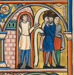 on the left a man standing in a doorway holds a scroll in his left hand; a group of men are leaving him, one of whom is turning around and holding his left hand in front of his face in a gesture of speech, while he has a scroll in his right hand; architectural setting.