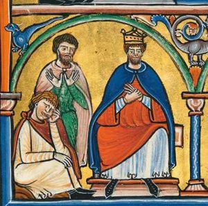 David is sitting on his throne at the right; he wrings his hands which he is holding in front of his chest; at the left a man is standing with his hands in front of his chest with the palms in front view; another man is sitting on the ground with his right hand on his knee, supporting his head with his left hand while resting his left elbow on his knee; architectural setting.