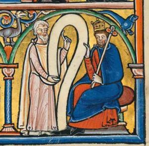 David is sitting on his throne on the right, holding a sceptre in his left hand, while with his right hand he holds the scroll that is held by Gad with his right hand downwards at the other end; Gad raises his left hand in a gesture of speech; architectural setting.