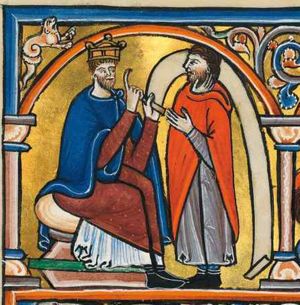 David, sitting on his throne on the left, holds both hands forward, a scroll in his left, his right hand in a gesture of speech; the right arm of the man (Gad?) facing him is covered by his cloak, but his hand appears from the top of it and he touches his left ear with his right index finger; he holds his left hand forward; architectural setting.