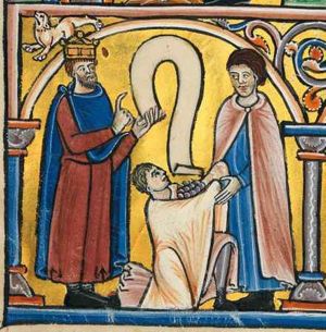 David holds both hands forward, the right in a gesture of speech and with the left holding a scroll; a servant, kneeling in front of him, offers coins to Araunah, holding them with both arms covered; Araunah accepts the money with his hands downwards; architectural setting.