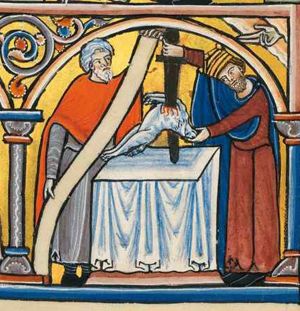 David pushes a sword through a lamb he is holding belly-up above an altar; a man (Gath?) faces him, holding a scroll with one hand up and one hand down; the 'dextera Dei' appears in the sky, making a blessing gesture with the palm upwards; architectural setting.