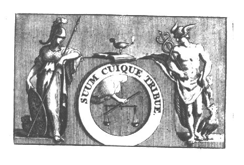 Minerva (helmet, lance, Aegis, owl) and Mercury (Petasus, Caduceus) leaning against a pedestal; on top of the pedestal a burning oil-lamp on an open book; on the frontside of the pedestal: a medallion with a hand holding a pair of scales