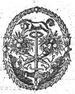 Two hands from the clouds join in front of a sword to which two crossed Cornucopiae are tied, a laurel wreath and a unicorn above the sword; a laurel wreath as frame