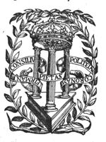 A crown resting on three columns (pillars), the columns resting on a triangular base; a banderole; a laurel