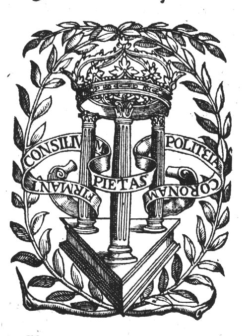 A crown resting on three columns (pillars), the columns resting on a triangular base; a banderole; a laurel