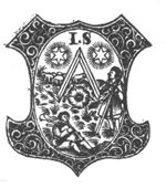 Shepherds, one of whom is playing a bagpipe, and sheep; two stars in the sky; initials "I.S."