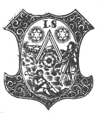 Shepherds, one of whom is playing a bagpipe, and sheep; two stars in the sky; initials "I.S."