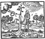 A man grafting a tree, a hand (surrounded by clouds) is watering it; a banderole; a spade and a sickle