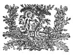 Apollo is watering a tree; in the background: Pegasus; at the bottom a coat of arms with three fleur-de-lis; belt with inscription; initials "L.S."