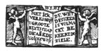 Two angels with trumpets holding up an open book; Jahweh-tetragram