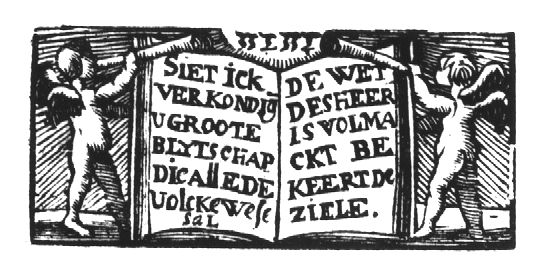 Two angels with trumpets holding up an open book; Jahweh-tetragram