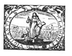 A standing woman (Vigilance) holding an oil-lamp and an open book, at her side a crane holding a stone in its claw; in the background: agricultural activities: ploughing and mowing; decorated frame with cranes and festoons