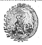 A man spading, in a landscape; Jahweh-tetragram; a laurel-branch and a palm-branch as frame