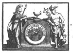 Minerva (helmet, lance, Aegis, owl) and Mercury (Petasus, Caduceus) leaning against a pedestal; on top of the pedestal a burning oil-lamp on an open book; on the frontside of the pedestal: a medallion with a hand holding a pair of scales