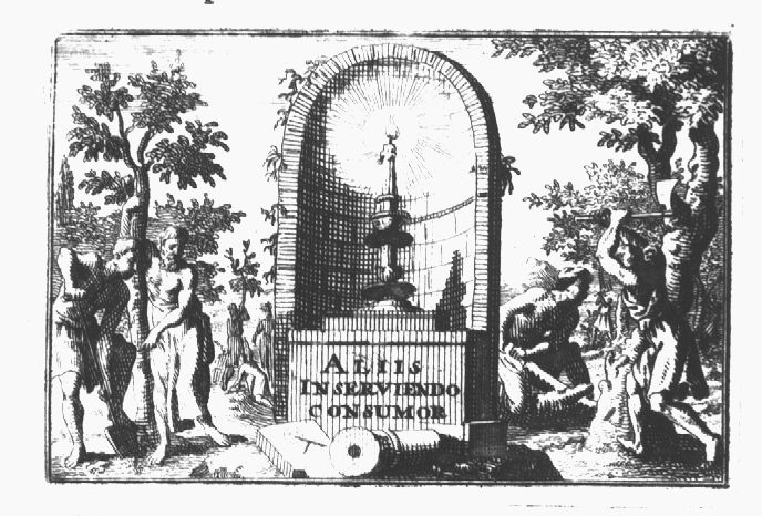 Forest with a burning candle in a ruin (niche); in the background: forest workers (used symbolically?) busy with planting trees, cutting wood and spading