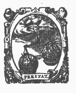 A hand from the clouds holding a pair of scales with a globe and a star-globe; banderole with inscription; decorated frame with birds and garlands