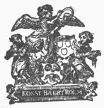 A woman with wings at the shoulder blowing a trumpet (Fame) holding reins to which a printer and an engraver are attached; three coats of arms: one showing a quill and a laurel, another the tools of a printer (ink-ball)