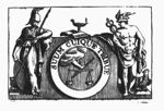 Minerva (helmet, lance, shield, owl) and Mercury (Petasus, Caduceus) leaning against a pedestal; on top of the pedestal a burning oil-lamp on an open book; on the frontside of the pedestal: a medallion with a hand holding a pair of scales