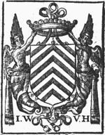 Coat of arms of Egmond, above which a crown is held by two winged creatures, emerging from a twisted horn; initials "I.W.V.H."