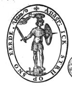 Victorious 'Roman' soldier with shield and sword, standing on an orb; he is crowned with laurel by a hand appearing from the clouds; the anagram hides the name 'Dirck Pieters Soon'