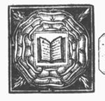 Open book with (pseudo-)text; an ornamental flower as frame