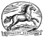 Landscape with running horse; a city in the distance; banderole with inscription