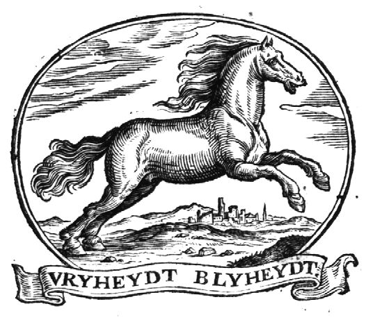 Landscape with running horse; a city in the distance; banderole with inscription