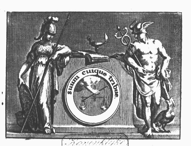 Minerva (helmet, lance, Aegis, owl) and Mercury (Petasus, Caduceus) leaning against a pedestal; on top of the pedestal a burning oil-lamp on an open book; on the frontside of the pedestal: a medallion with a hand holding a pair of scales