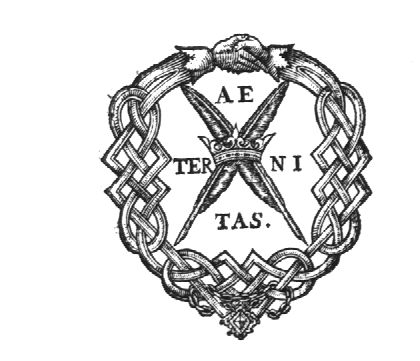 Two crossed quills and a crown; two joined hands