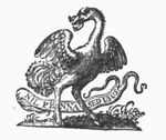 An ostrich spreading its wings, holding a horseshoe in its beak; banderole
