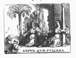 An altar or pedestal with a burning fire; at one side of this altar a sitting woman (wings, holding a lance and a laurel): Virtue; at the other side a sitting woman (holding a column and holding a sword while her hand is in the fire): Constancy; a satyr; in the background: a naked man trying to climb a palm-tree