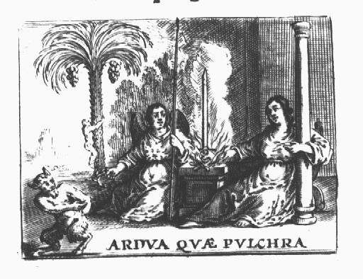 An altar or pedestal with a burning fire; at one side of this altar a sitting woman (wings, holding a lance and a laurel): Virtue; at the other side a sitting woman (holding a column and holding a sword while her hand is in the fire): Constancy; a satyr; in the background: a naked man trying to climb a palm-tree