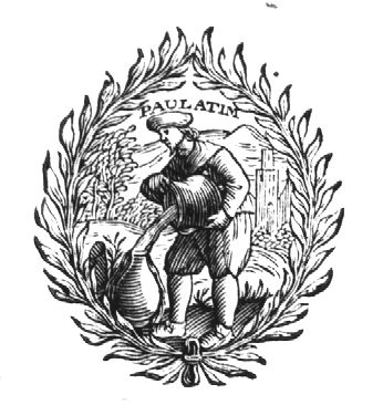 A man pouring water from one jar into another (Temperance); mountainous landscape; symmetrical branches as frame
